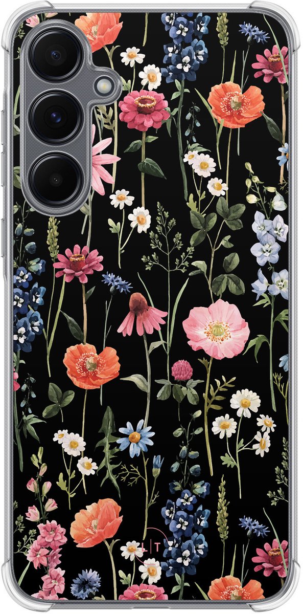 Shockproof hoesje - Geschikt voor Samsung Galaxy A35 - Dark flowers - Extra sterke case - TPU/polycarbonaat - Bloemen - Multi, Transparant