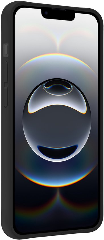 Coque noire autour d'un iPhone avec un fond d'écran moderne.