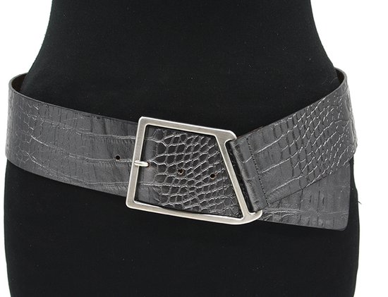 Ceinture large pour femme Thimbly Belts en reptile argenté foncé - ceinture pour femme - 6 cm de large - Étain - Cuir pleine fleur véritable - Tour de taille : 95 cm - Longueur totale de la ceinture : 110 cm