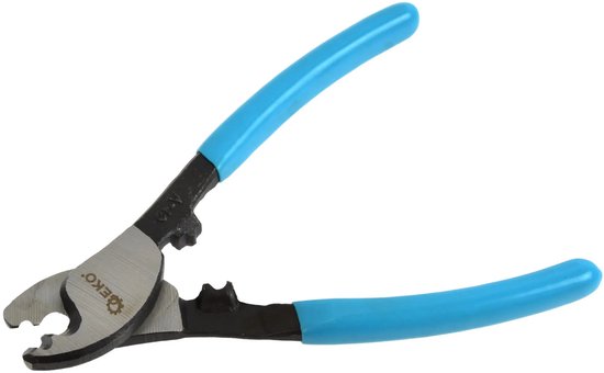 Kabelkniptang met blauwe, antislip handvatten en metalen bek.