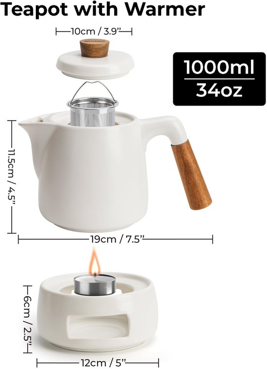 MIAMIO - Theeset met Warmer / 1 liter Theepot met Infuser voor Losse Theebladeren - Cadeau voor Vrouwen/Theeliefhebbers (Blanc