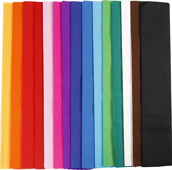 Papier crépon, l: 50 cm, L: 2,5 m, différentes couleurs, plis, 15 fois