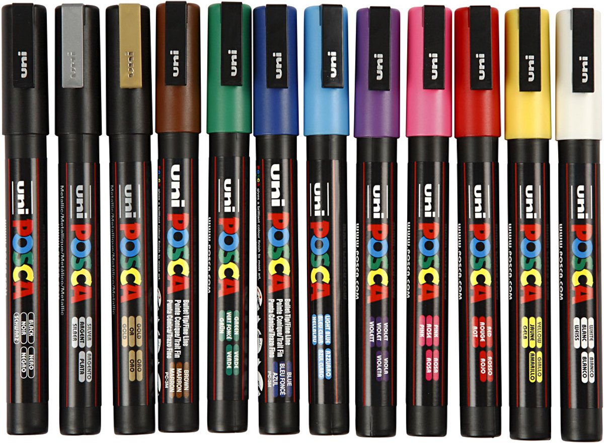 Posca Marker, afm PC-3M, lijndikte 0,9-1,3 mm, fijn, diverse kleuren, 12 stuk