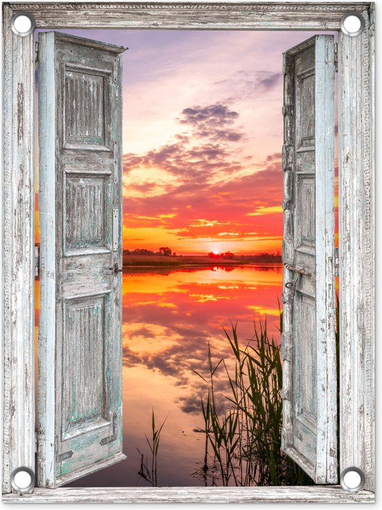 Tuinposter deuren - Tuindoek doorkijk - Water - Landschap - Natuur - Zonsondergang - Tuindecoratie - 30x40 cm - Schuttingdoek - Tuin - Tuinschilderij voor buiten - Schutting decoratie