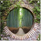 Tuinposter - Bos - Bomen - Steen - Tuindoek - 50x50 cm - Schuttingposter - Tuinposter doorkijk