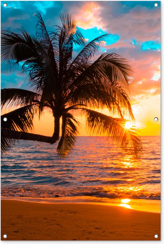 Tuinposter zonsondergang beach - Tuindecoratie strand met palmbomen - 80x120 cm - Tuinschilderij voor buiten - Tuindoek zee tropisch - Wanddecoratie tuin - Schuttingdoek - Balkon decoratie - Muurdecoratie - Buitenschilderij