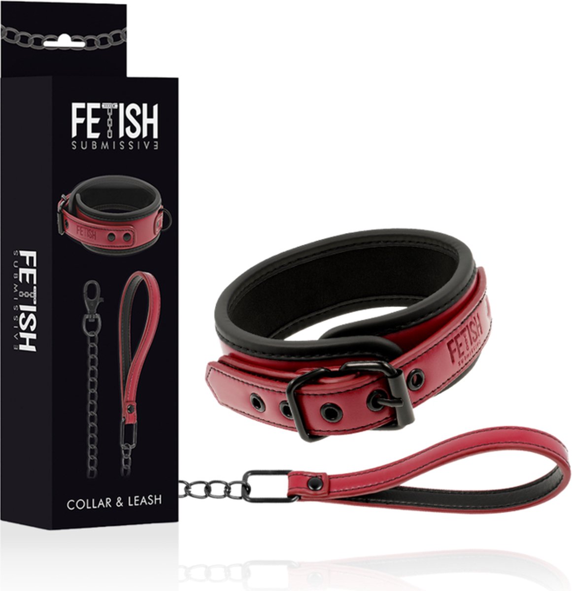 Goedkoopste Fetish Submissive Dark Room - Halsband met Leiband - Lederlook - Bordeaux en Zwart