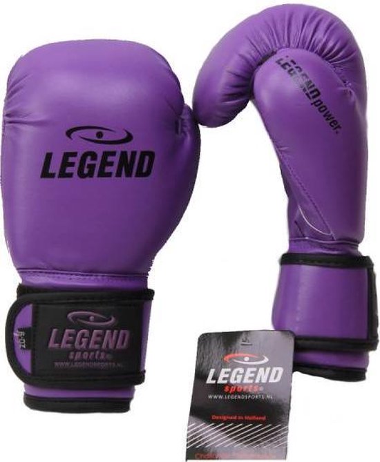 Paarse bokshandschoenen met zwarte klittenbandsluiting en het Legend Sports logo.