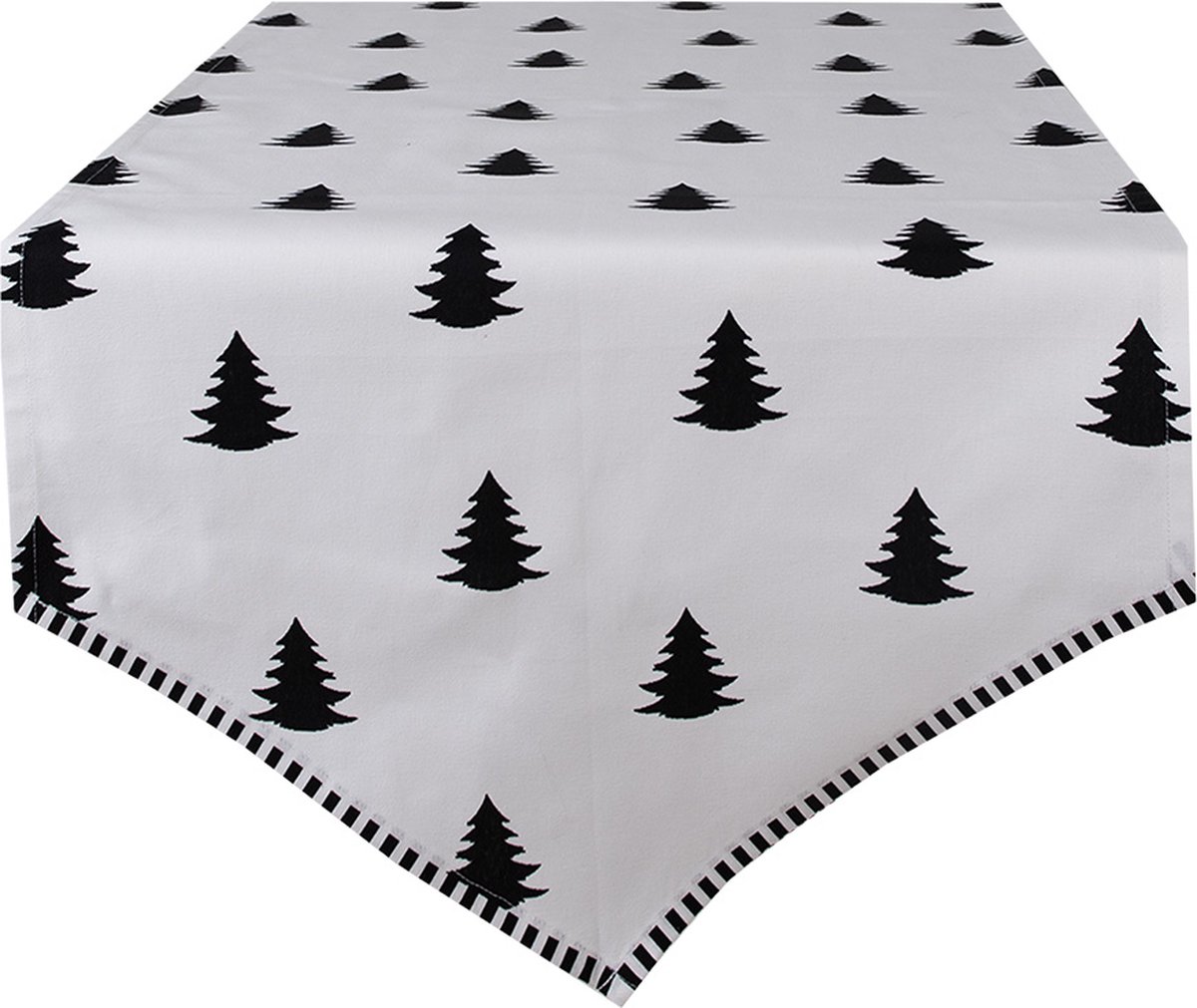 Clayre & Eef Tafelloper Kerst 50x160 cm Wit Zwart Katoen Kerstbomen