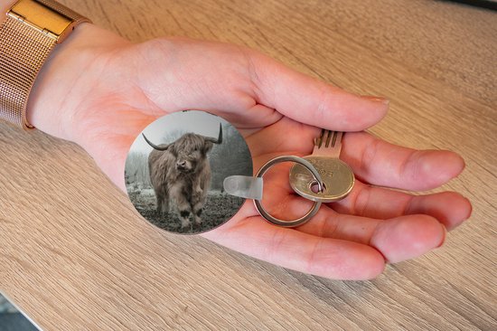 Porte-clés - Highlander écossais - Forêt - Brouillard - Vache - Animaux - Nature - Plastique - Rond - Distribution de cadeaux