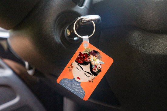 Sleutelhanger - Portret - Frida Kahlo - Oranje - Vrouw - Bloemen - Uitdeelcadeautjes - Plastic