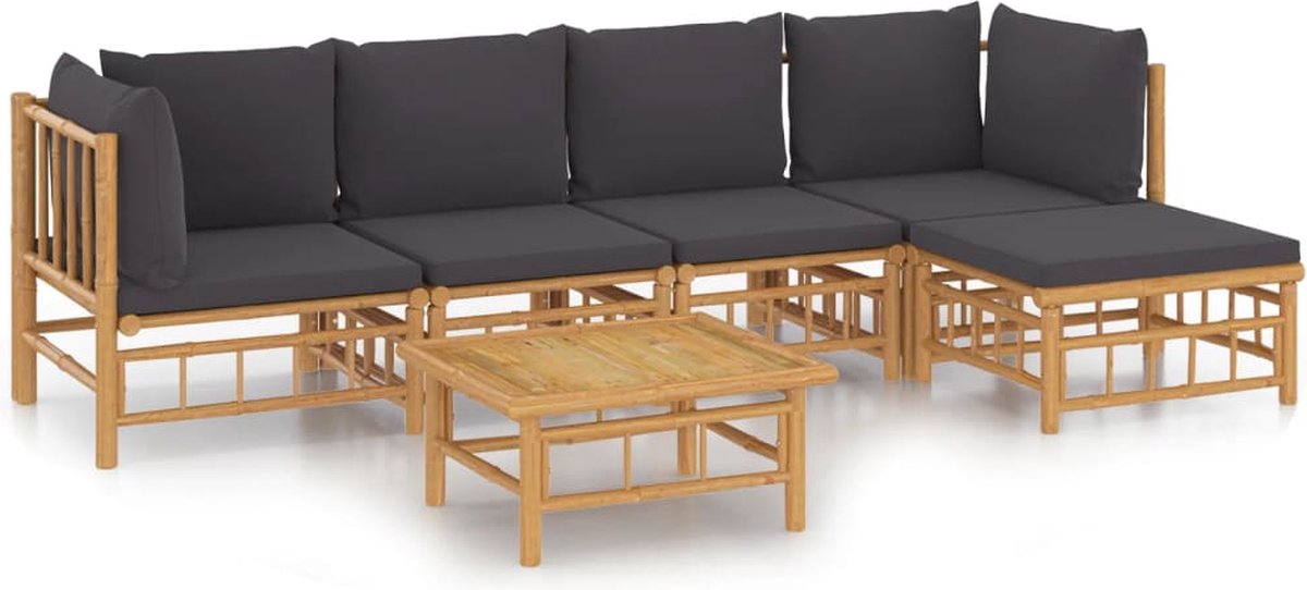 vidaXL 6-delige - Loungeset - met - kussens - bamboe - donkergrijs