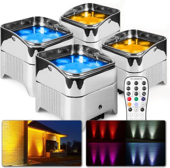 Foto: Beamz uplighter set van 4 beamz bbp96sc uplights met ingebouwde accu 6x 12w led s en draadloze dmx chroom