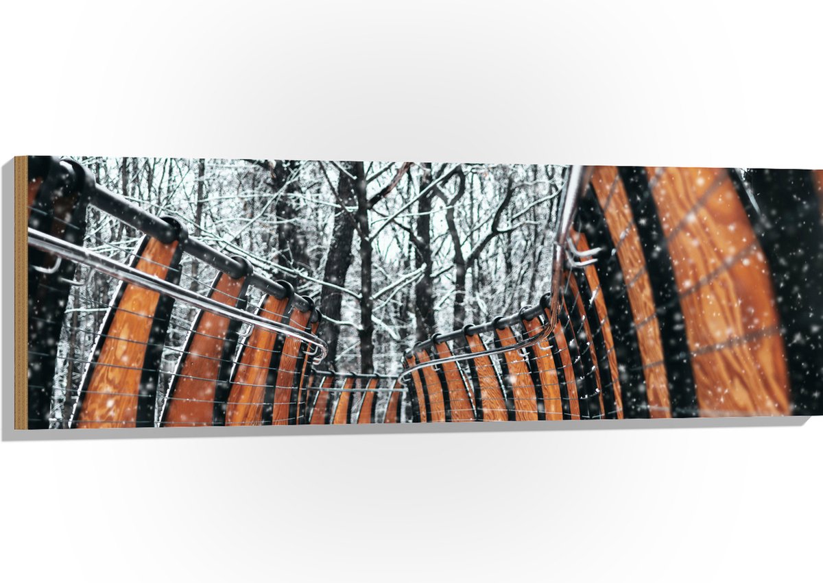 Hout - Hekwerk in Ondergesneeuwd Bos - 120x40 cm - 9 mm dik - Foto op Hout (Met Ophangsyst