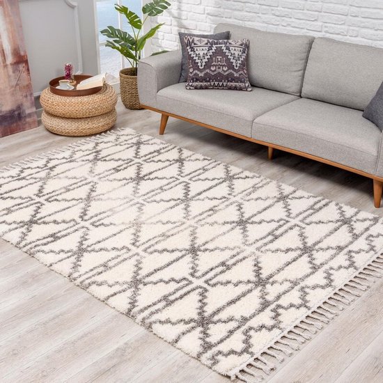 Flycarpets Calidia Hoogpolig Geruit Vloerkleed - Creme / Grijs - Tapijt Loper - 80x300 cm