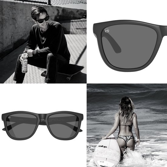 Collage : homme avec lunettes de soleil sur skateboard, détail des lunettes de soleil, lunettes de soleil noires, femme avec planche de surf portant des lunettes de soleil.