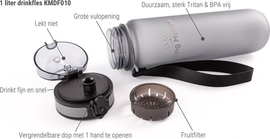 Grijze King Mungo drinkfles met deksel, fruitfilter en label '1 liter drinkfles KMDF010'.