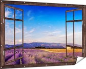 Gards Tuinposter Doorkijk Raam met Lavendel Veld - 180x120 cm - Tuindoek - Tuindecoratie - Wanddecoratie buiten - Tuinschilderij