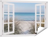 Gards Tuinposter Doorkijk Strand en Zee vanuit de Duinen - 90x60 cm - Tuindoek - Tuindecoratie - Wanddecoratie buiten - Tuinschilderij