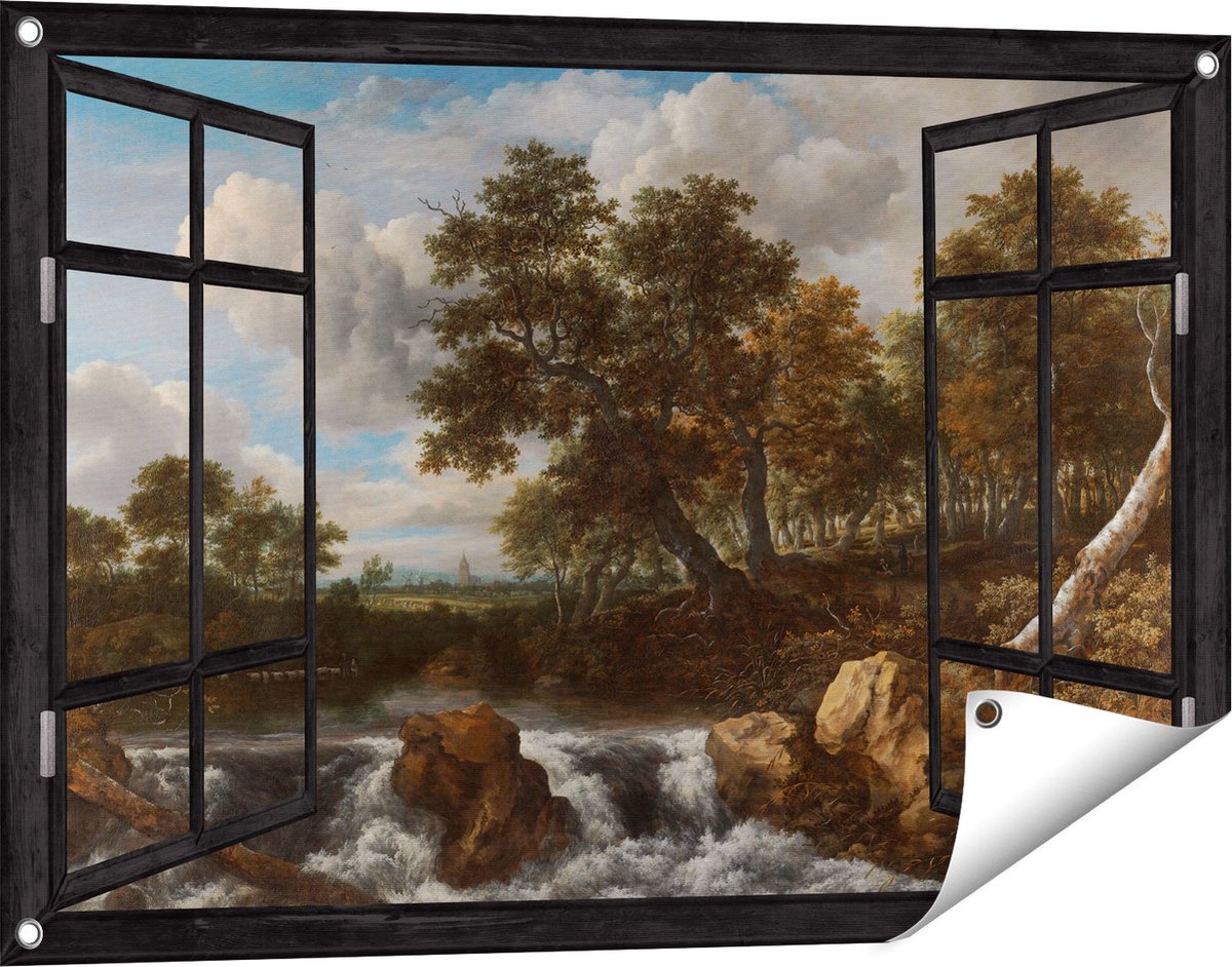 Gards Tuinposter Doorkijk Landschap met Waterval - Jacob van Ruisdael - 90x60 cm - Tuindoek - Tuindecoratie - Wanddecoratie buiten - Tuinschilderij zwart