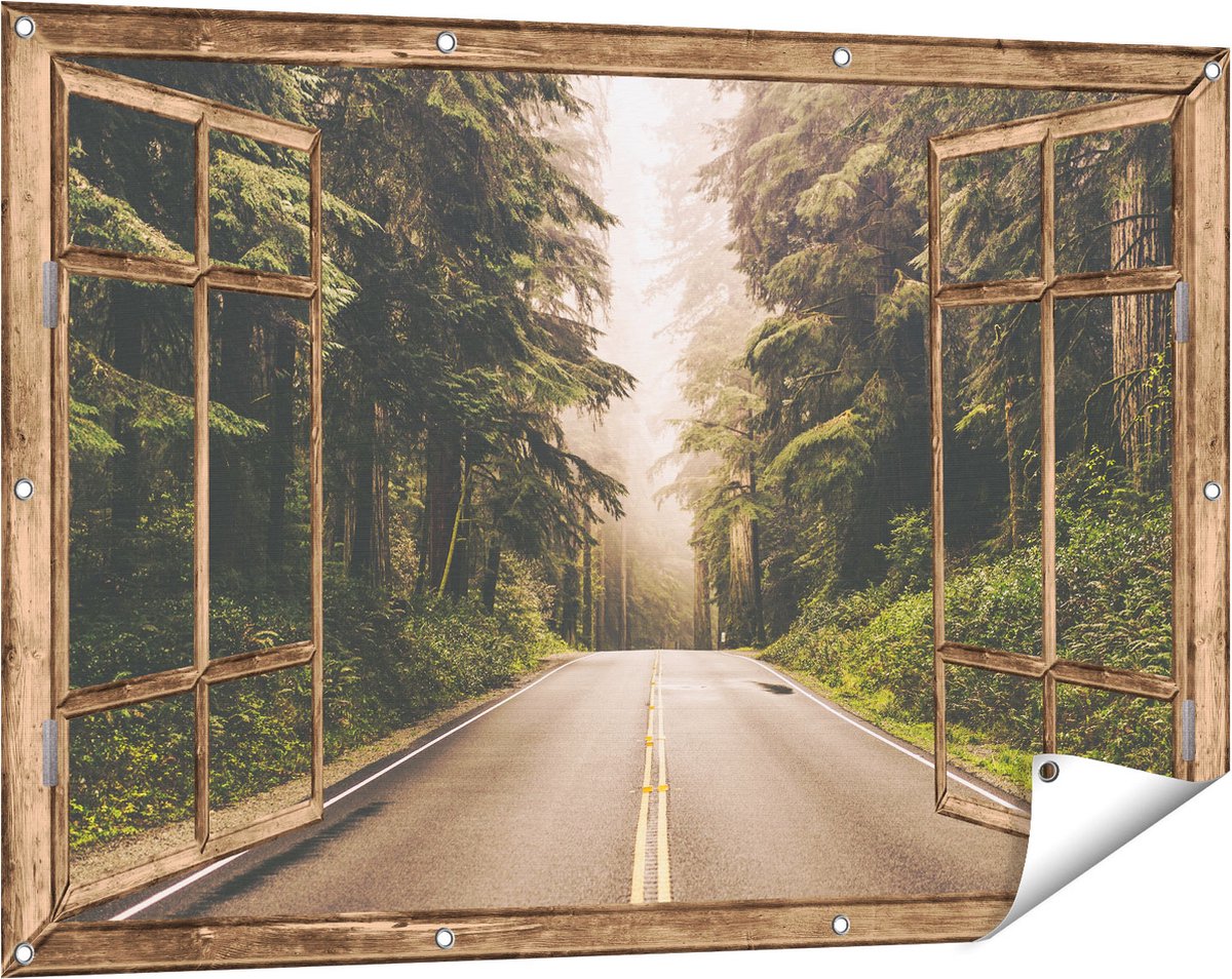 Gards Tuinposter Doorkijk Highway in Californi� Omring met Bos - 120x80 cm - Tuindoek - Tuindecoratie - Wanddecoratie buiten - Tuinschilderij Licht bruin