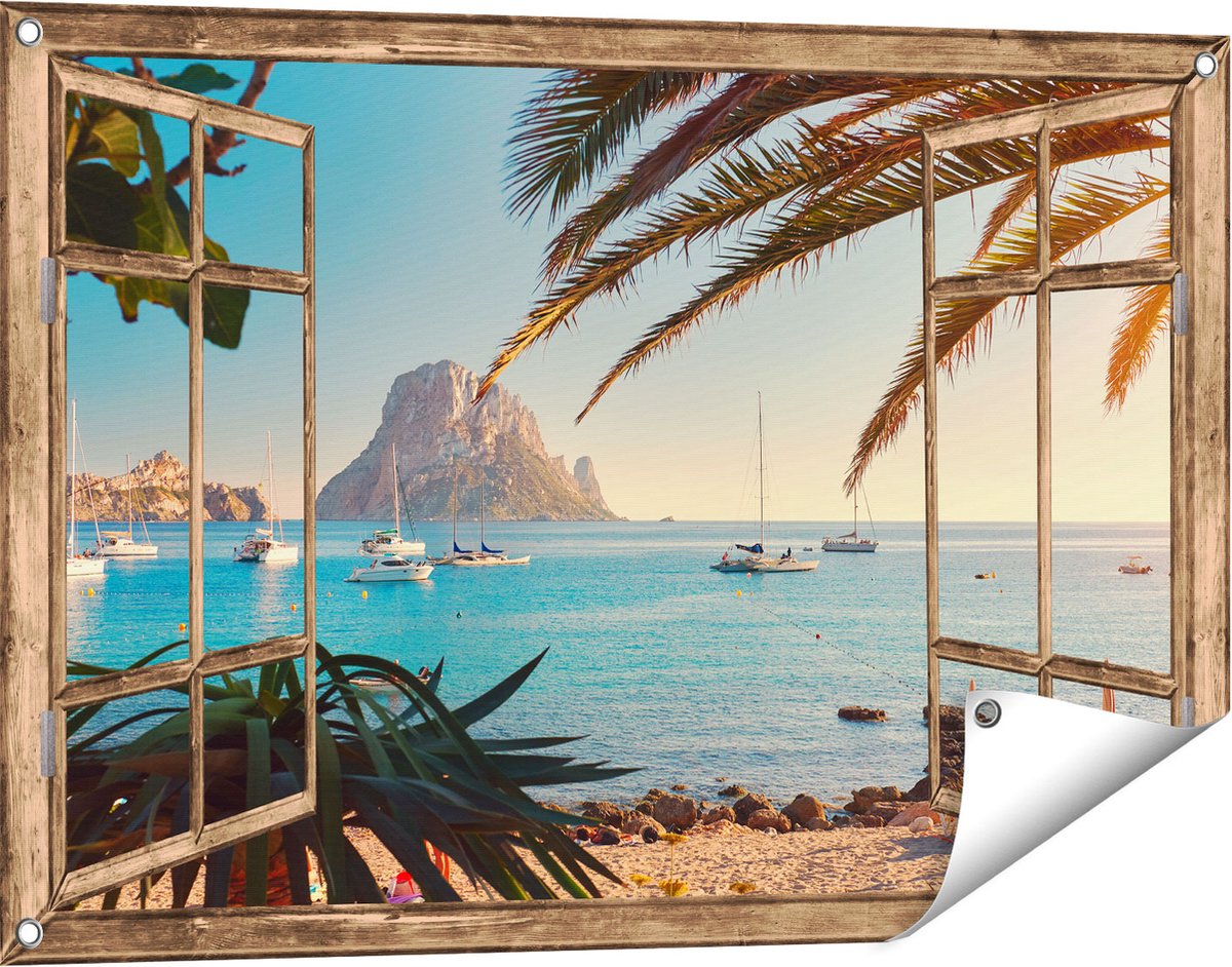 Gards Tuinposter Doorkijk Ibiza Cala d'Hort Strand - 90x60 cm - Tuindoek - Tuindecoratie - Wanddecoratie buiten - Tuinschilderij Licht bruin