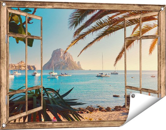 Gards Tuinposter Doorkijk Ibiza Cala d'Hort Strand - 90x60 cm - Tuindoek - Tuindecoratie - Wanddecoratie buiten - Tuinschilderij