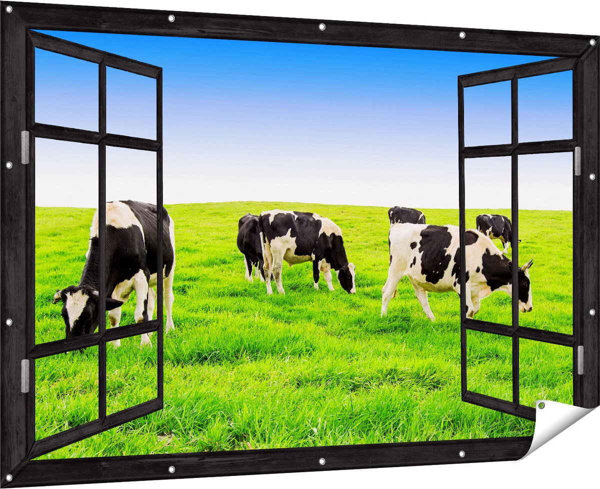 Gards Tuinposter Doorkijk Kudde Koeien in de Wei - Hemel Blauwe Lucht - 180x120 cm - Tuindoek - Tuindecoratie - Wanddecoratie buiten - Tuinschilderij Multikleur
