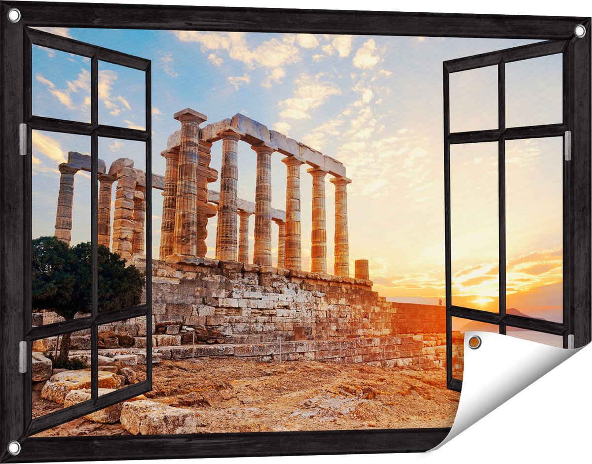 Gards Tuinposter Doorkijk Tempel van Poseidon in Athene, Griekenland - 90x60 cm - Tuindoek - Tuindecoratie - Wanddecoratie buiten - Tuinschilderij Zwart