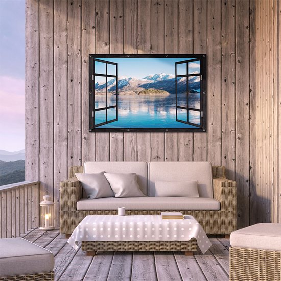 Gards Tuinposter Doorkijk Meer bij het Bergen Landschap in Noorwegen - 120x80 cm - Tuindoek - Tuindecoratie - Wanddecoratie buiten - Tuinschilderij