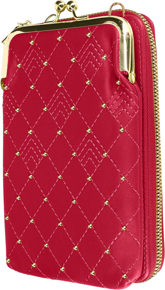 Smartphone-schoudertas met gouden studs en stiksels in roze Diamond-design