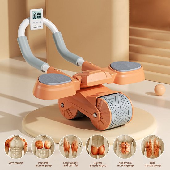 Foto: Sportschool multifunctioneel automatische rebound voor abs six pack training apparatuur voor thuis buikspieren trainen buikspier buik wiel elleboog ondersteuning knie mat oranje arm steun timer scherm stop watch push up elleboog assistant
