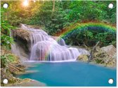 Tuinposter waterval - Regenboog - Zon - Natuur - Bomen - Tuindecoratie - Tuin - Tuinschilderij voor buiten - Schutting decoratie - 40x30 cm - Tuindoek - Schuttingdoek