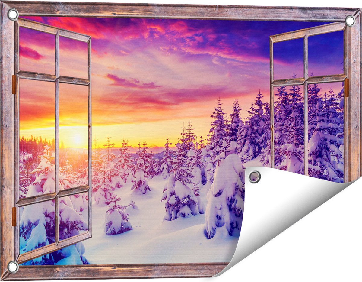 Gards Tuinposter Doorkijk Zonsondergang in het Sneeuw Bos - 60x40 cm - Tuindoek - Tuindecoratie - Wanddecoratie buiten - Tuinschilderij bruin
