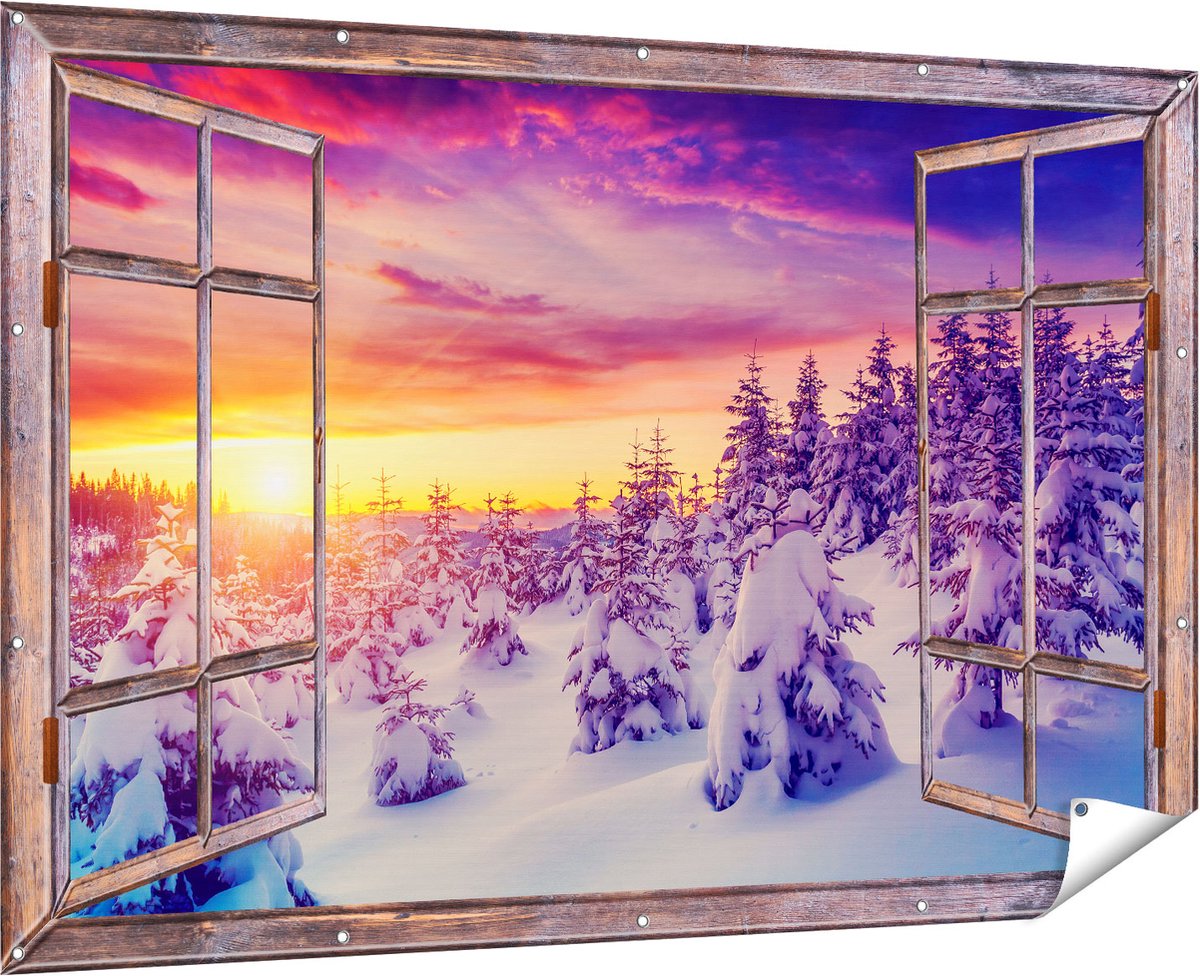 Gards Tuinposter Doorkijk Zonsondergang in het Sneeuw Bos - 180x120 cm - Tuindoek - Tuindecoratie - Wanddecoratie buiten - Tuinschilderij Multikleur