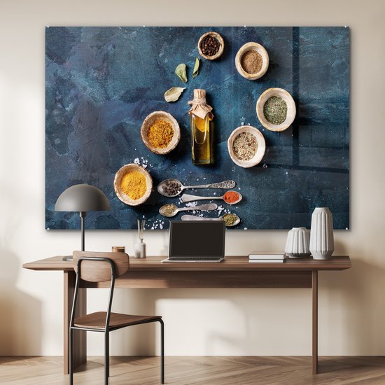 MuchoWow® Peinture sur verre 180x120 cm - Peinture sur verre acrylique - Huile - Épices - Louches - Herbes - Cuisine - Photo sur verre - Peintures