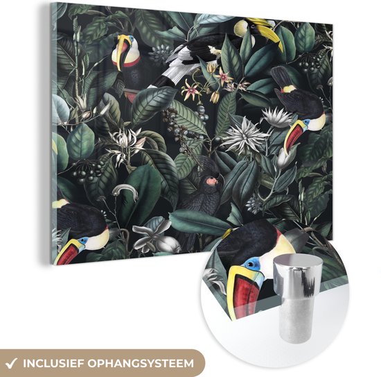 Peinture sur verre - Fleurs - Toucan - Feuilles - 120x80 cm - Peintures Plexiglas