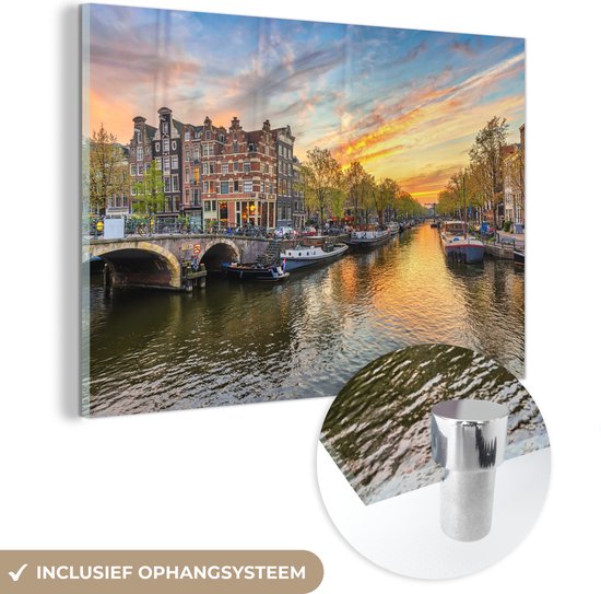 MuchoWow® Glasschilderij 180x120 cm - Schilderij acrylglas - Amsterdam - Water - Nederland - Foto op glas - Schilderijen