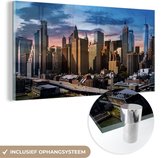MuchoWow® Glasschilderij 80x40 cm - Schilderij acrylglas - New York - Skyline - Zon - Foto op glas - Schilderijen