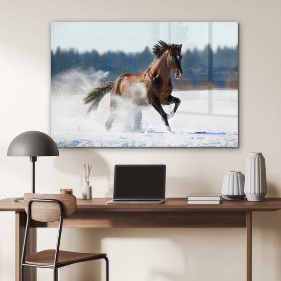 MuchoWow® Peinture sur verre 120x80 cm - Peinture sur verre acrylique - Cheval - Neige - Hiver - Photo sur verre - Peintures