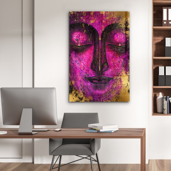 MuchoWow® Peinture sur Verre - Bouddha - Visage - Violet - 80x120 cm - Peintures sur Verre Acrylique - Photo sur Glas