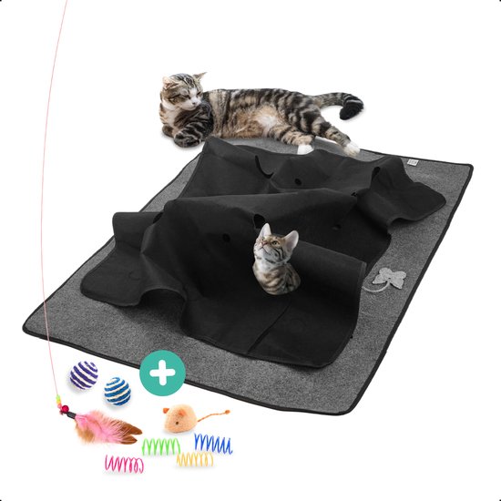Moowi - Katten speel kleed – Kattentunnel – Hide and Seek spel – Deken kat – Kattenspeelgoed – Speelmat katten grijs – Incl. 2 sisal ballen en verenspeeltje