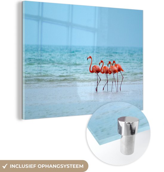 MuchoWow® Glasschilderij 160x120 cm - Schilderij acrylglas - Vier flamingo's staan op het strand - Foto op glas - Schilderijen