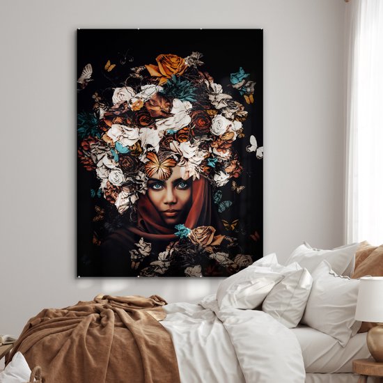 Peinture sur Verre - Fleurs - Papillon - Femmes - Foulard - 120x160 cm - Peintures sur Verre Peintures - Photo sur Glas