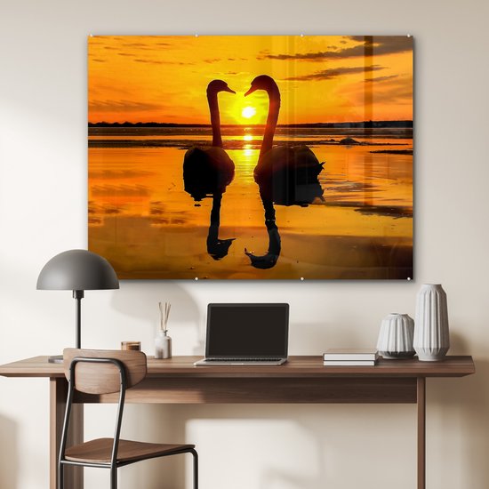 Peinture sur verre - Verre acrylique - Cygne - Coucher de soleil - Water - Vogel - Photo sur verre - 120x90 cm - Peinture sur verre oiseaux - Décoration murale - Peinture sur verre nature - Décoration murale