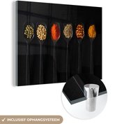MuchoWow® Glasschilderij 120x90 cm - Schilderij acrylglas - Lepels - Specerijen - Zwart - Kruiden - Rustiek - Foto op glas - Schilderijen