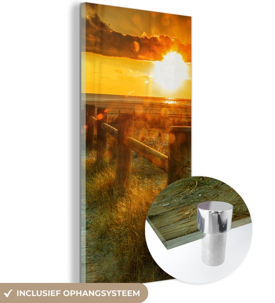 Glasschilderij - Foto op glas - Zon - Strand - Duin - Horizon - Acrylglas - 20x40 cm - Kamer decoratie - Acrylplaat - Wanddecoratie - Schilderij strand