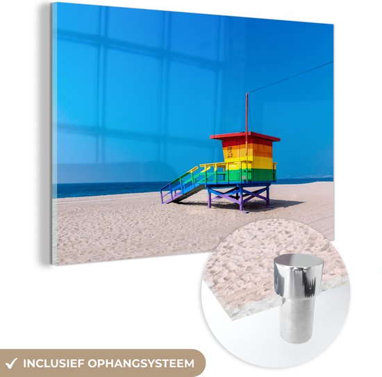 MuchoWow® Glass Painting - Rainbow Hut on the Beach in Venice Beach - 120x80 cm - Peintures sur Verre Peintures - Photo sur Glas