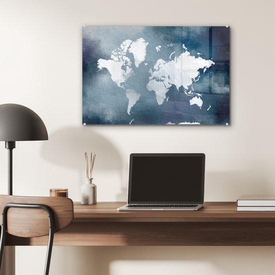 Peinture sur Verre - Carte du Wereldkaart - Aquarelle - Blauw - 60x40 cm - Peintures sur Verre Peintures - Photo sur Glas