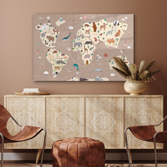 Peinture sur Verre - Carte du Wereldkaart pour Enfants - Terre - Animaux - 120x80 cm - Peintures sur Verre Peintures - Photo sur Glas